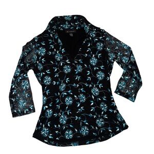 Vintage 90s embroidered black and turquoise mesh sleeve floral button up